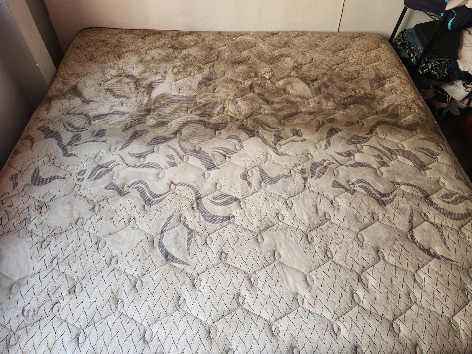 Colchón matrimonial con manchas profundas de humedad antes de limpieza profesional a domicilio
